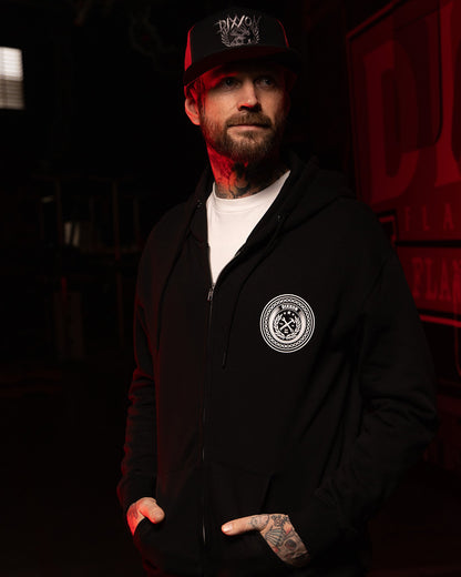 White Chain Badge Zip Up Hoodie - Black