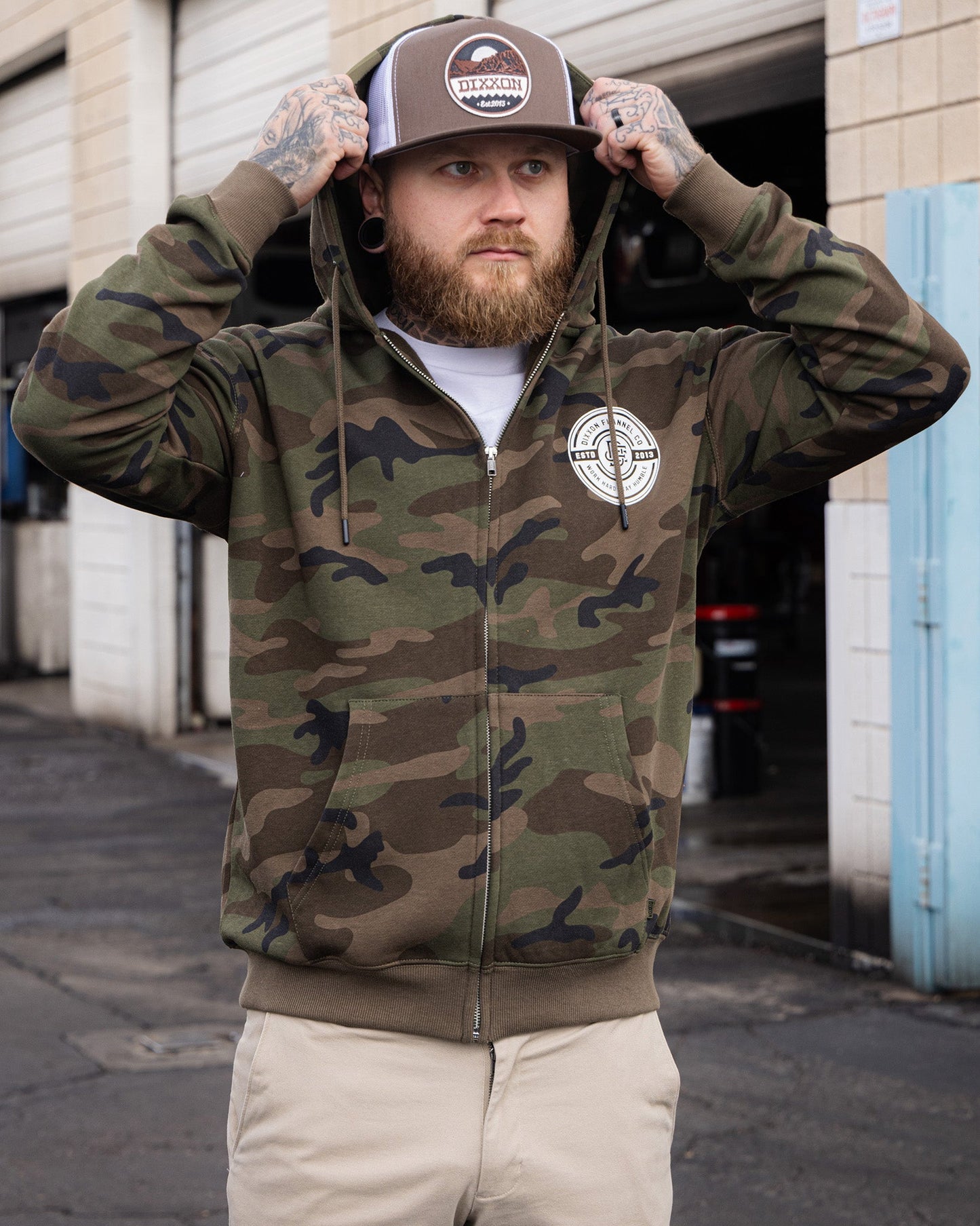 White Work Hard Badge Zip Up - Camo