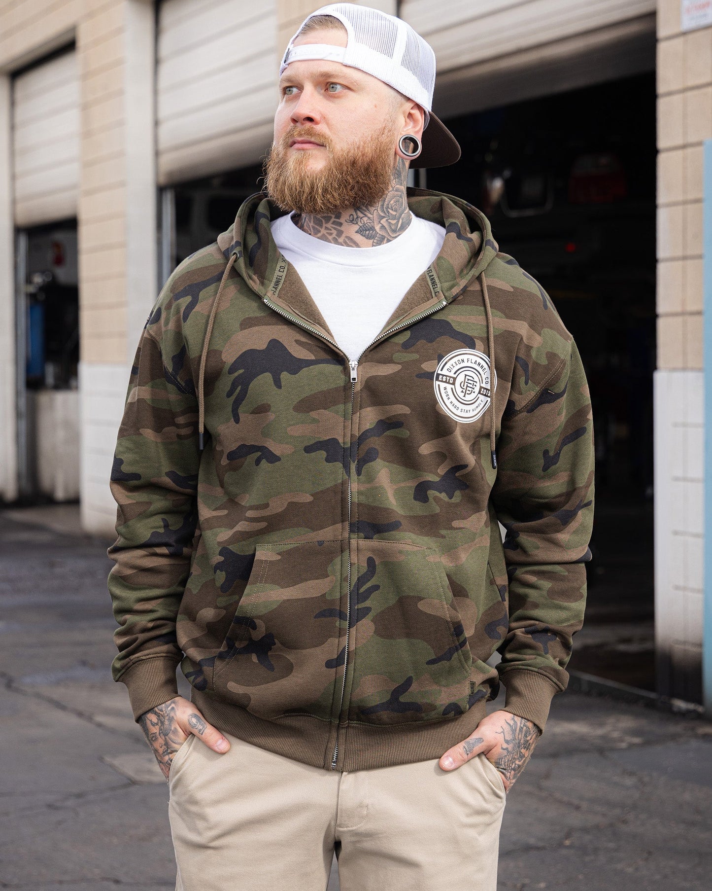 White Work Hard Badge Zip Up - Camo