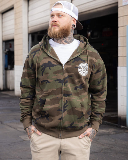 White Work Hard Badge Zip Up - Camo