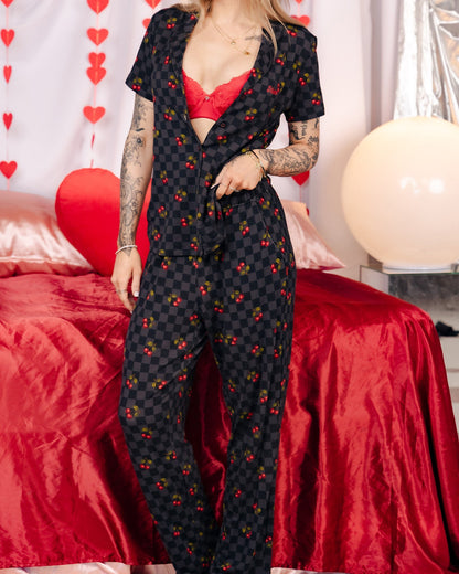 Women's Black Checkered and Cherry Pajama Pants