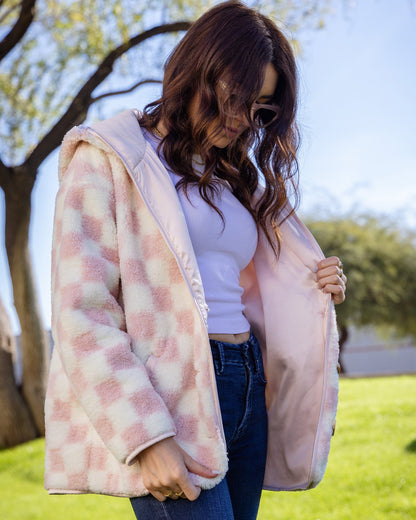 Women's Checkered Sherpa Cardigan - Pink & Cream