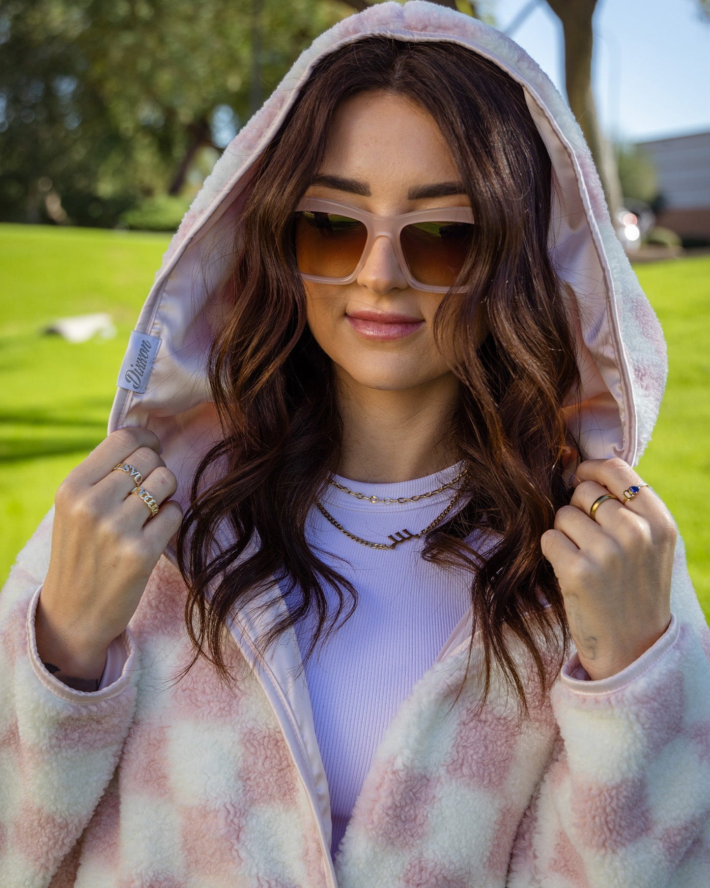 Women's Checkered Sherpa Cardigan - Pink & Cream