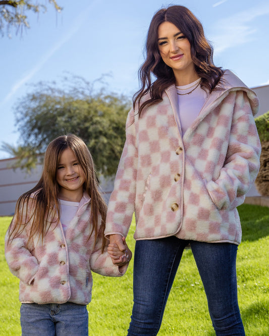 Women's Checkered Sherpa Cardigan - Pink & Cream