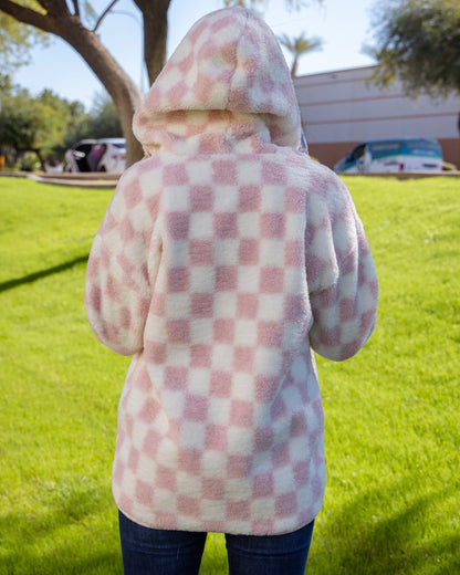 Women's Checkered Sherpa Cardigan - Pink & Cream