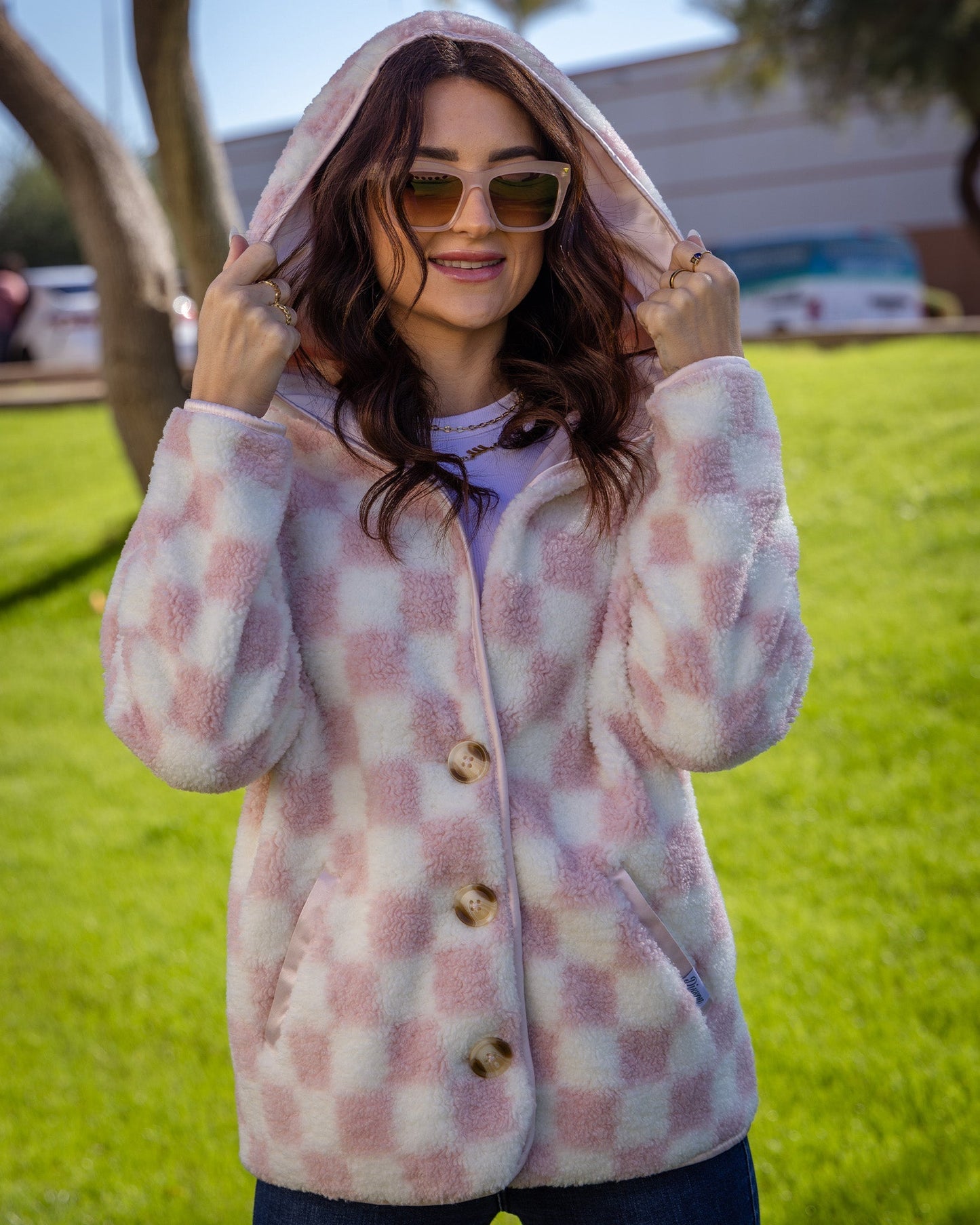 Women's Checkered Sherpa Cardigan - Pink & Cream