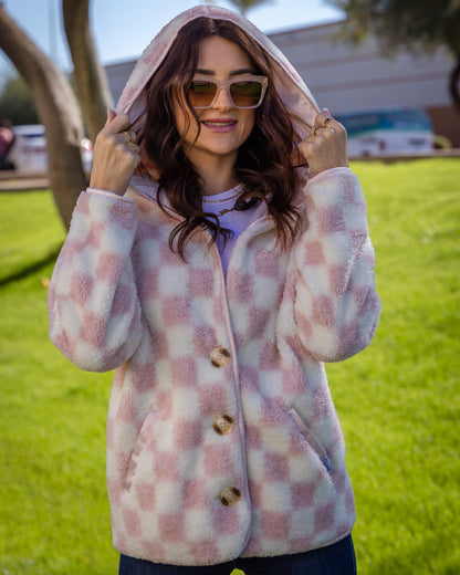Women's Checkered Sherpa Cardigan - Pink & Cream
