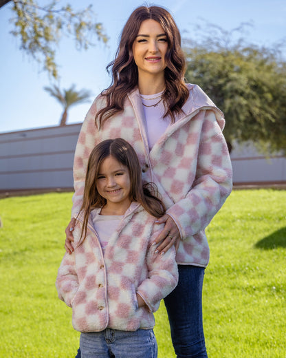 Women's Checkered Sherpa Cardigan - Pink & Cream