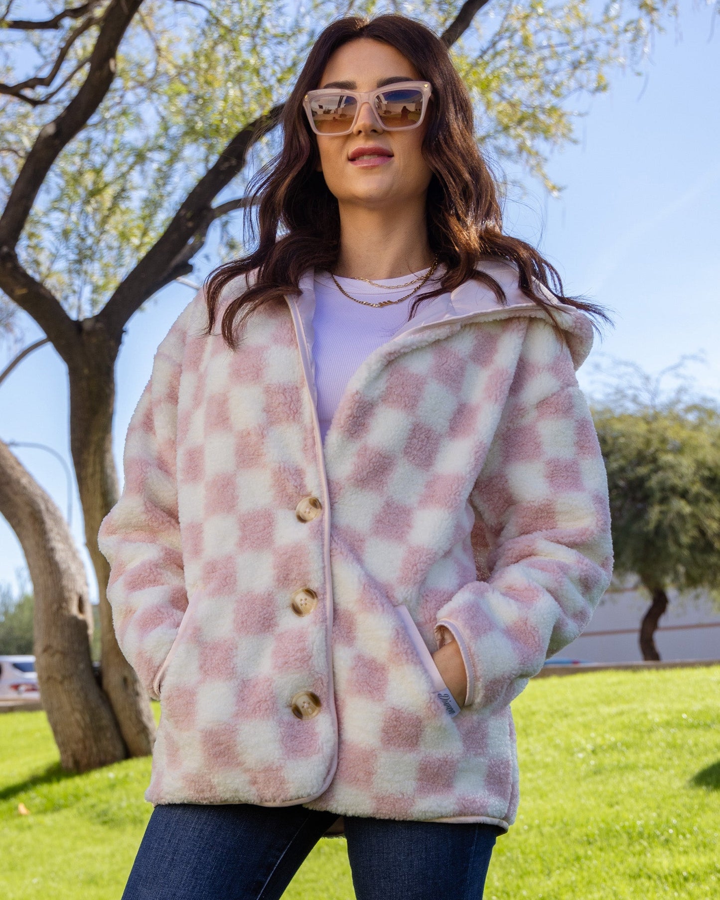 Women's Checkered Sherpa Cardigan - Pink & Cream