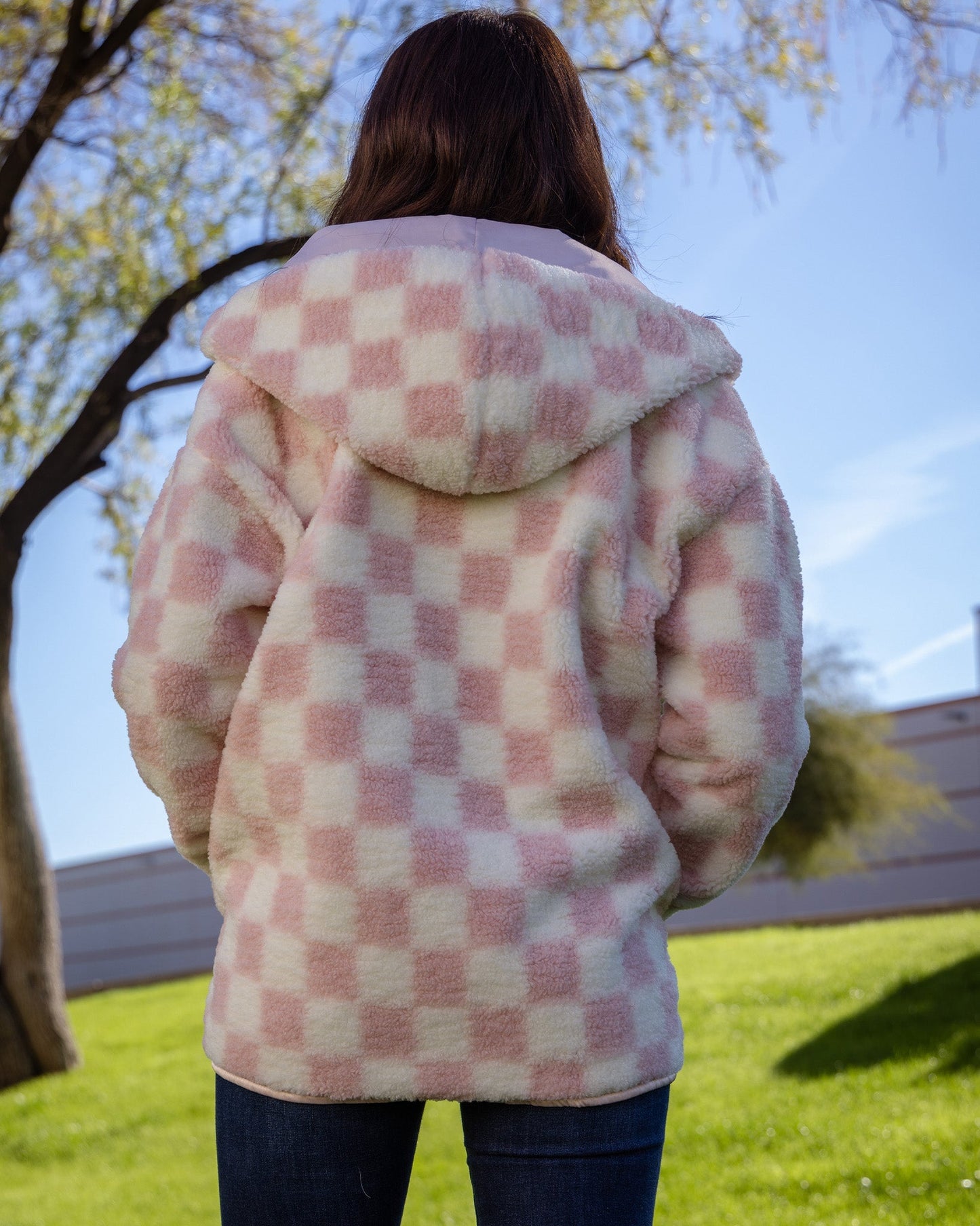 Women's Checkered Sherpa Cardigan - Pink & Cream
