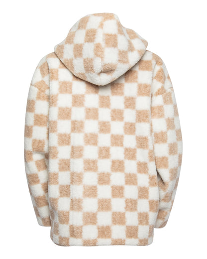 Women's Checkered Sherpa Cardigan - Tan & White