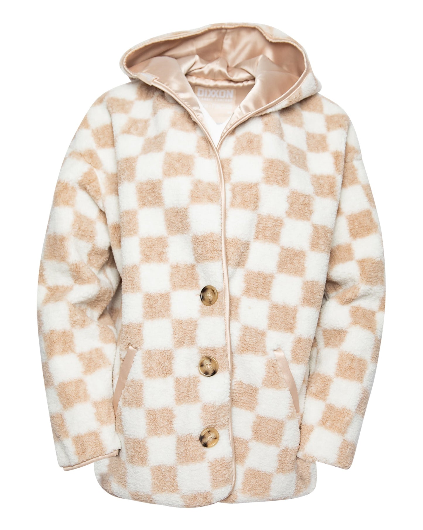 Women's Checkered Sherpa Cardigan - Tan & White