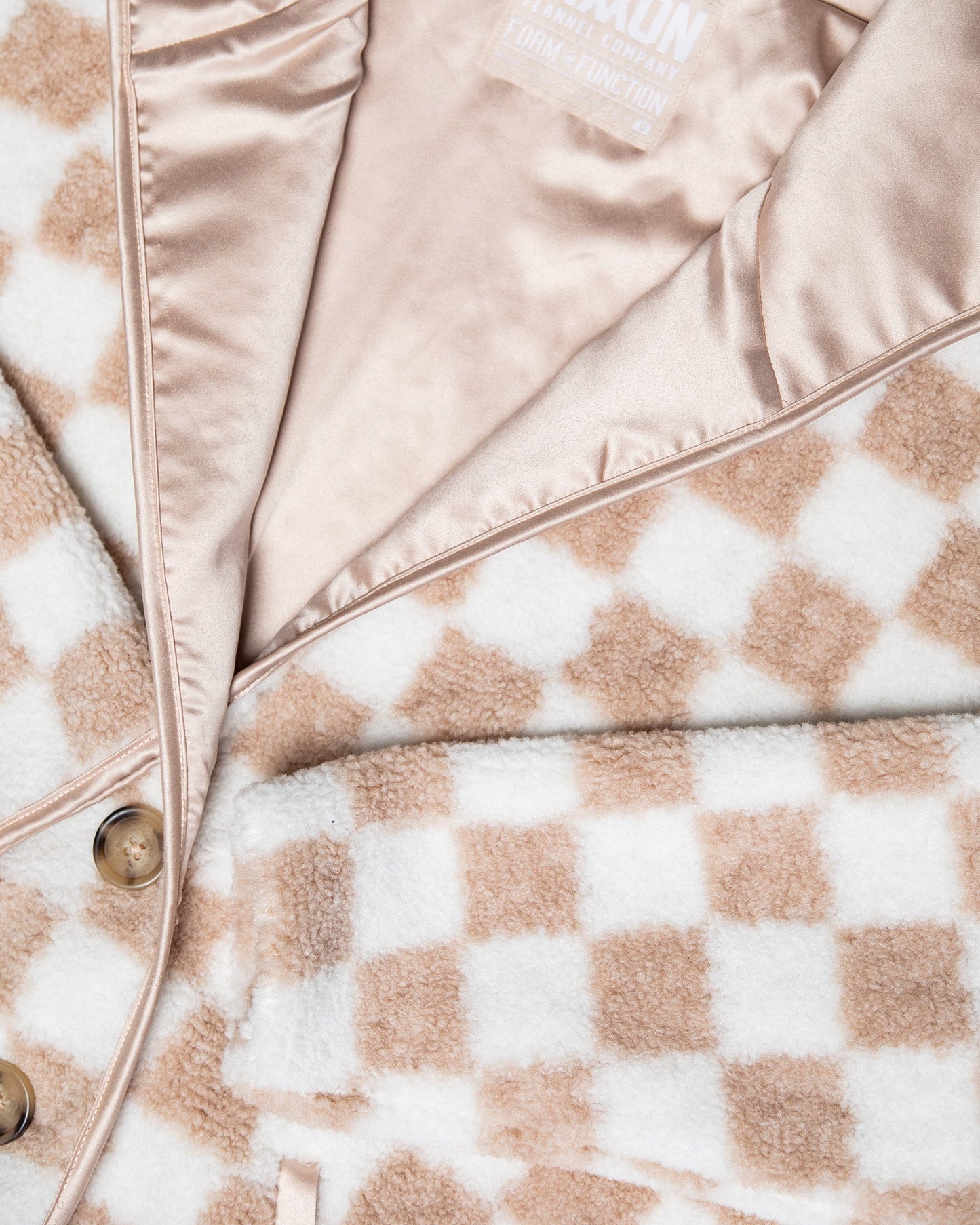 Women's Checkered Sherpa Cardigan - Tan & White