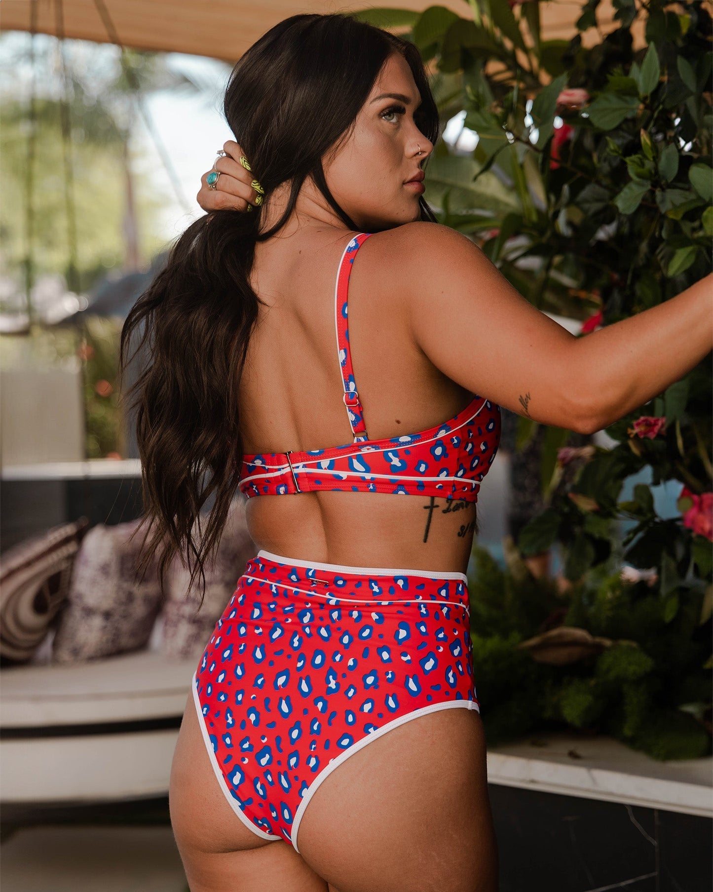 Women's Coastline Bikini Top - Red, White, & Blue Leopard