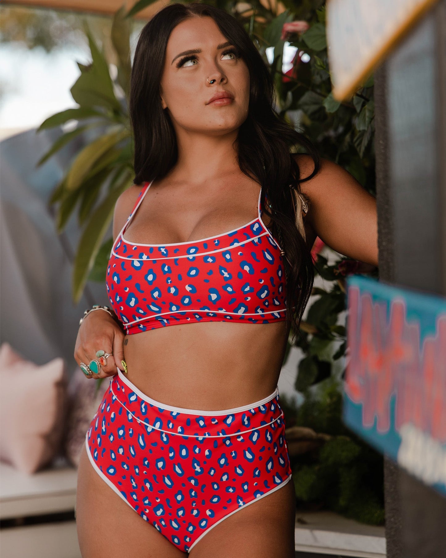 Women's Coastline High Waisted Bikini Bottom - Red, White, & Blue Leopard