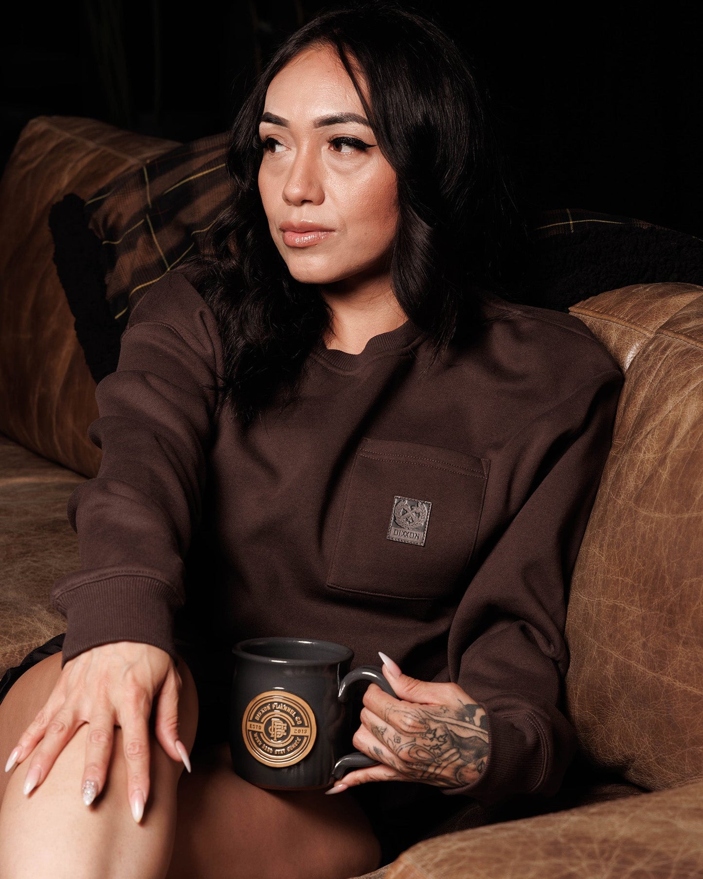 Women's Pocket Crewneck Sweatshirt - Brown