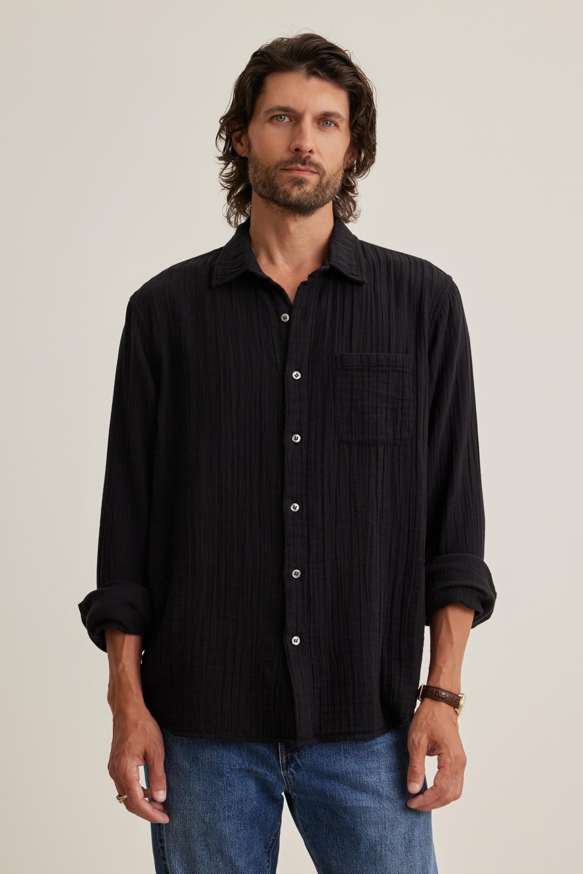 ELTON COTTON GAUZE BUTTON-UP SHIRT